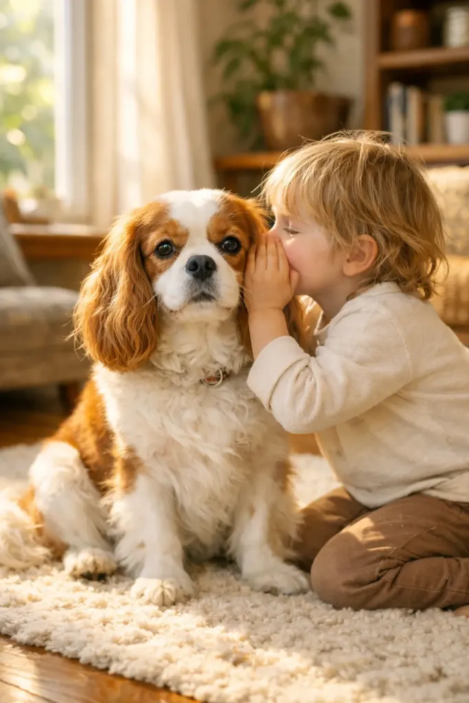 Therapy-quality Cavalier King Charles Spaniel showing gentle temperament with a child in a Portland home.