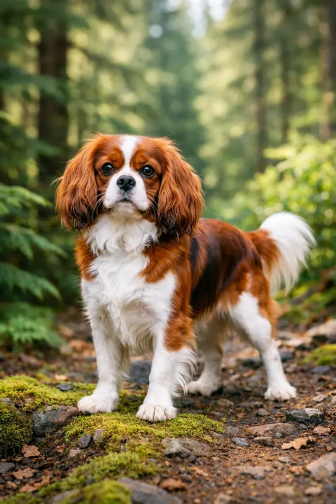 Health-tested Cavalier King Charles Spaniel from an Oregon breeder on a scenic forest trail.
