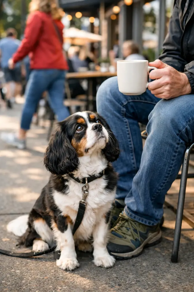 A tri-color Cavalier King Charles Spaniel sits politely at a dog-friendly outdoor cafe in Portland OR.
