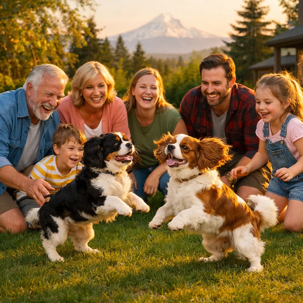 A happy Oregon family playing with their Cavalier King Charles Spaniels in a sunny backyard.