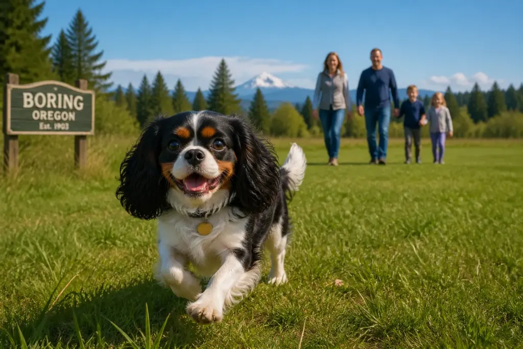 A healthy, active Cavalier King Charles Spaniel from a breeder in Boring, Oregon running in a PNW field.
