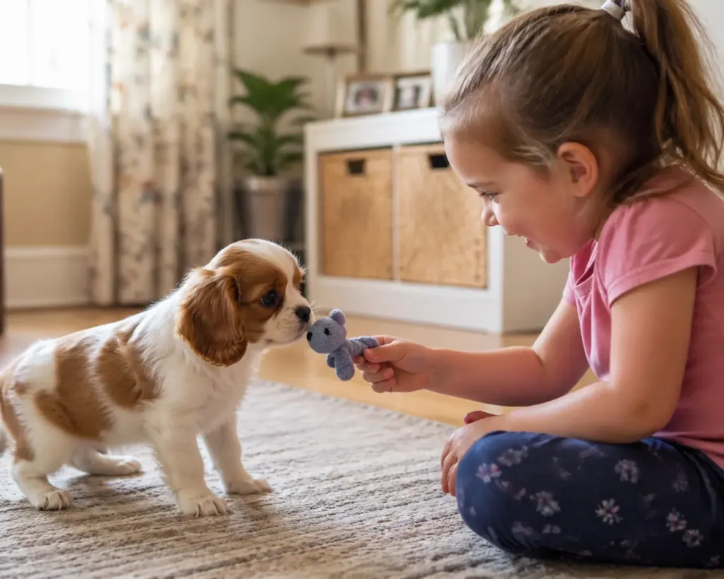Cavalier King Charles Spaniel puppy in Oregon being socialized as a future emotional support dog.