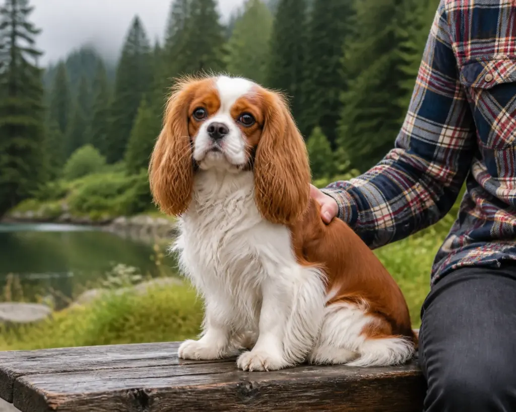 Blenheim Cavalier King Charles Spaniel resting in a lush Oregon park, showcasing a calm PNW temperament.