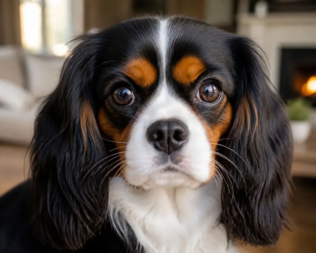 Health-tested Tri-color Cavalier King Charles Spaniel with clear eyes and a glossy coat in a Portland home.