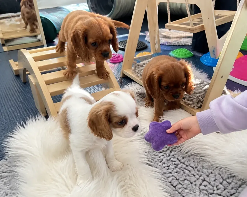 Therapy-quality Cavalier King Charles Spaniel puppies socialized in a sensory gym at our Boring, Oregon farm.