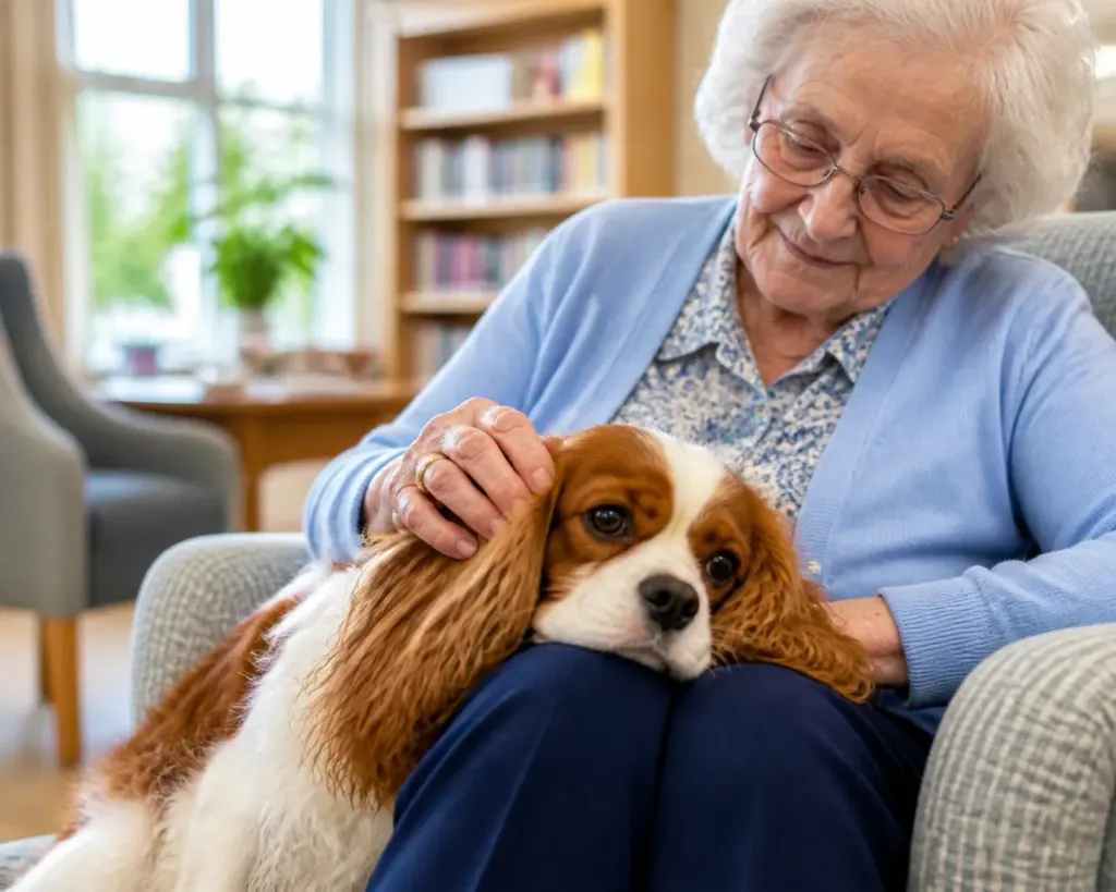 Emotional support Cavalier King Charles Spaniel providing comfort to an elderly person in an Oregon residence.