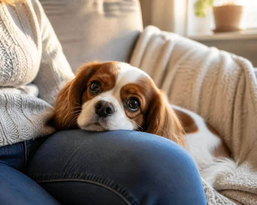 Therapy-quality Cavalier King Charles Spaniel Oregon companion resting calmly on a lap in Portland.