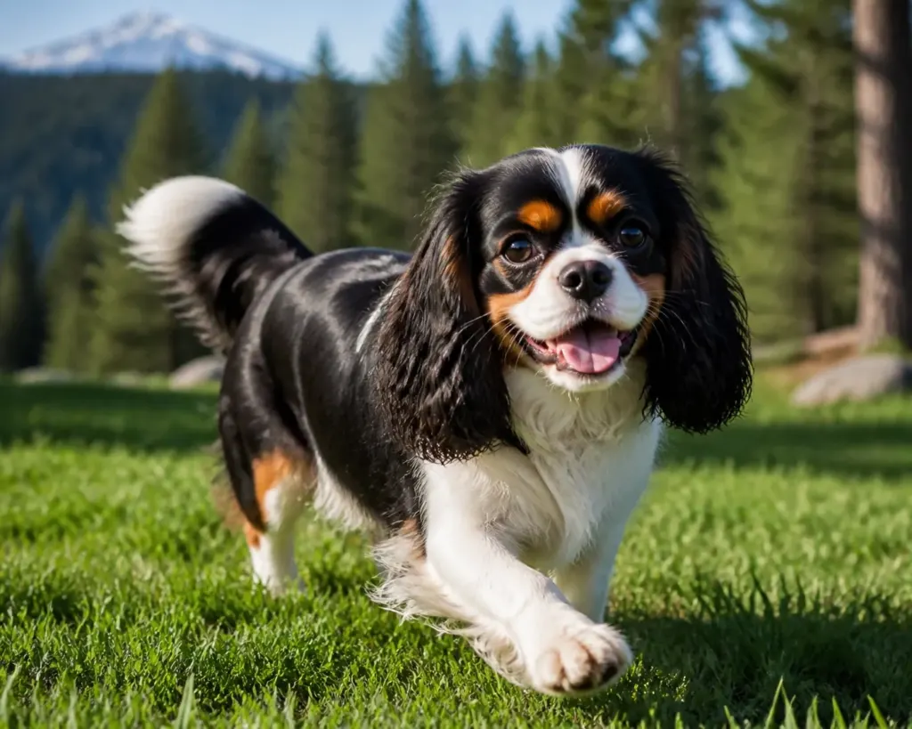 Health-tested Cavalier King Charles Spaniels Portland OR puppy exercising in a lush Oregon backyard.