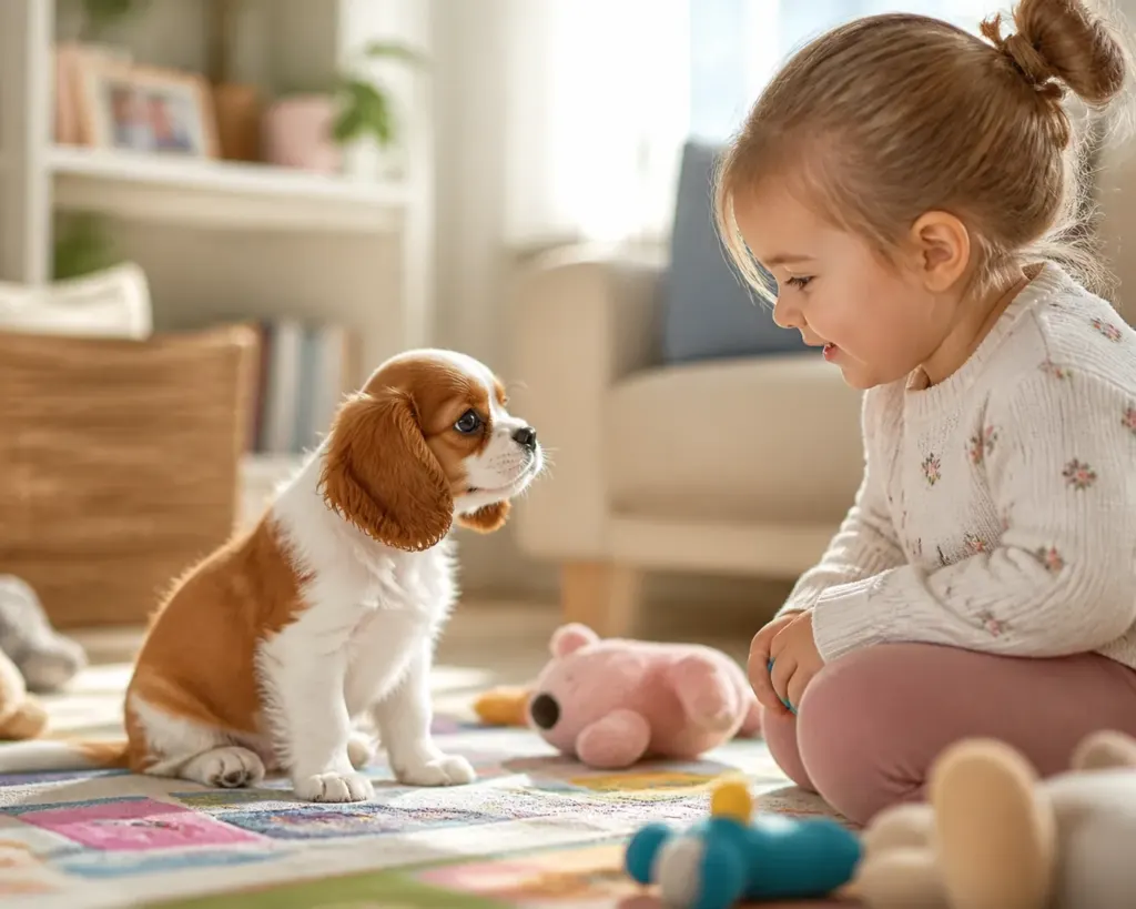 Puppy from an AKC Cavalier King Charles Breeder Boring Oregon socialized with a child at home.