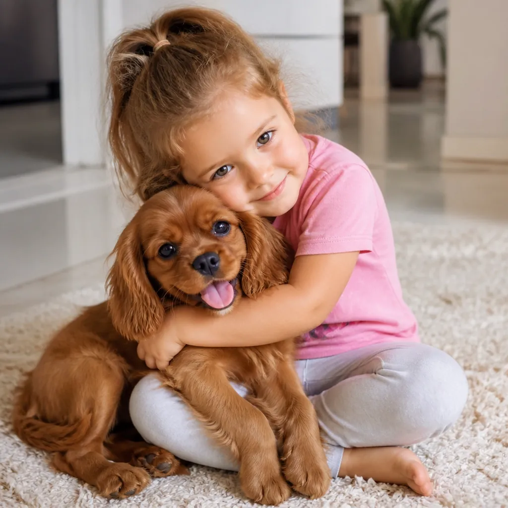 A young child sharing a gentle moment with a Ruby Cavalier puppy, demonstrating the breed's natural affinity for children