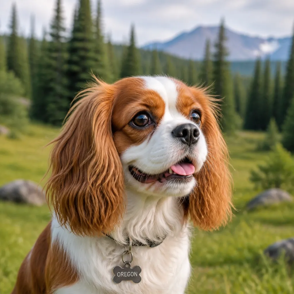 A healthy, vibrant Cavalier enjoying the fresh air and greenery of the Pacific Northwest