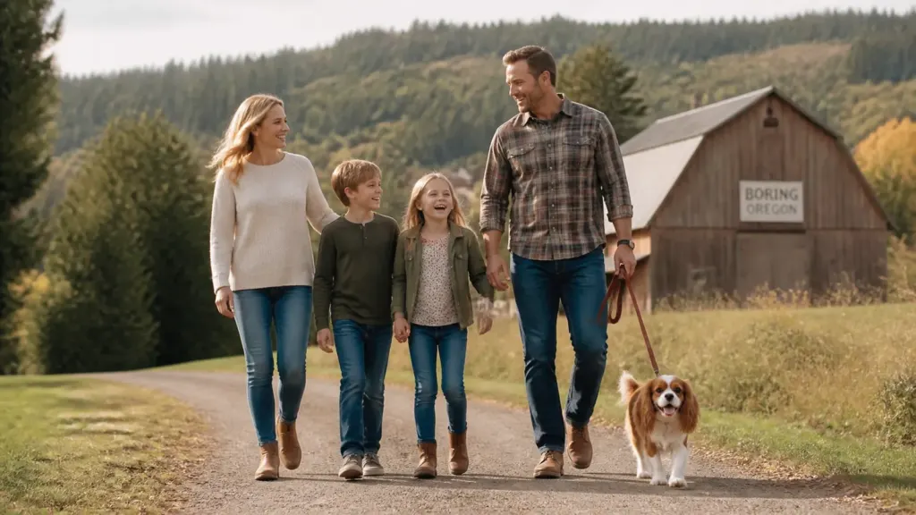 A family enjoying a scenic walk in Boring, Oregon with their loyal Cavalier companion