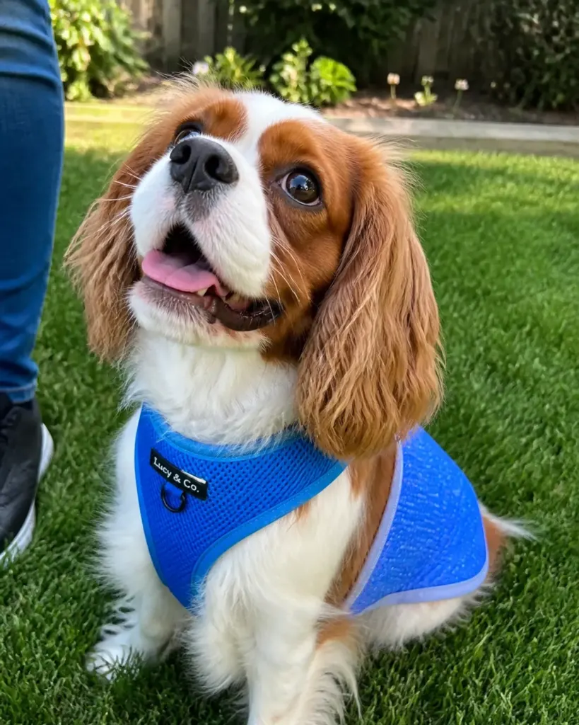 A Cavalier King Charles Spaniel wearing a safe Y-shaped harness and cooling vest