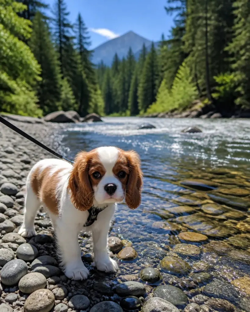 A Cavalier safely exploring a riverbank on a leash
