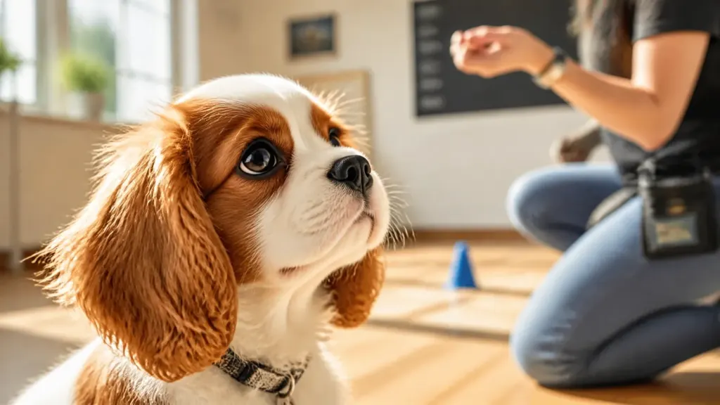 A Blenheim Cavalier puppy watching attentively in a sunny room, highlighting focus and observational learning