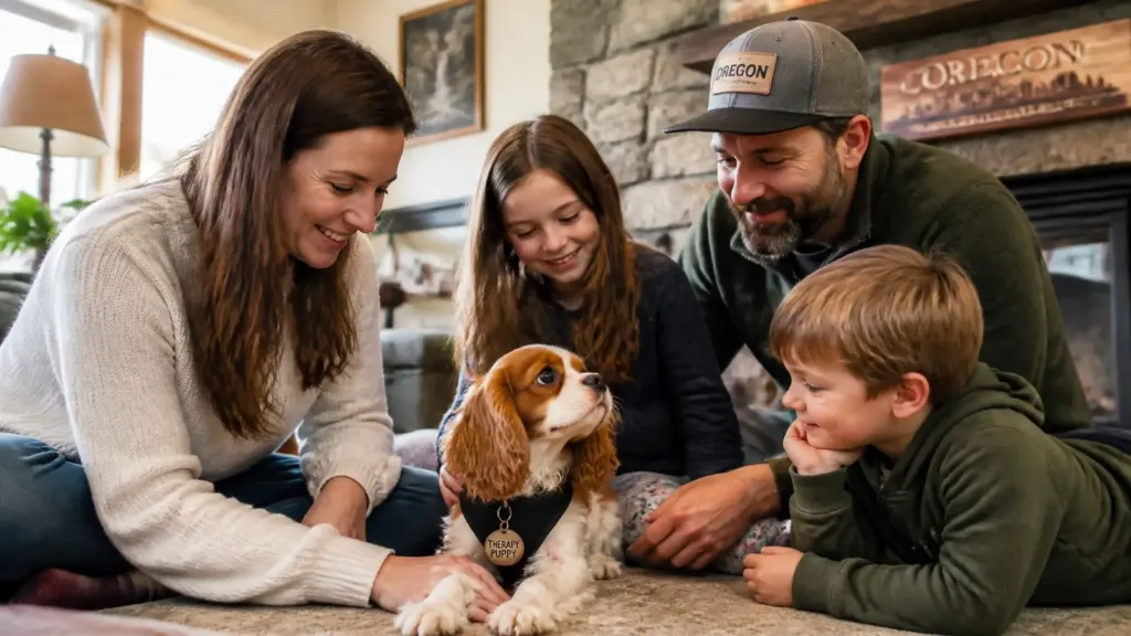 A sweet Cavalier puppy interacting calmly with a family indoors in Oregon, showcasing gentle therapy temperament