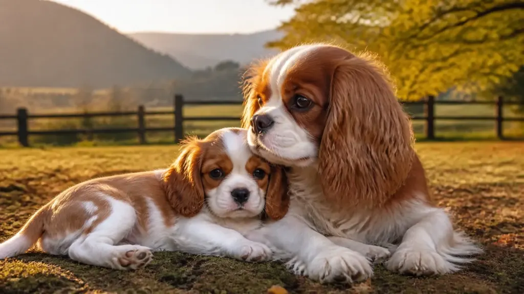 An adult Cavalier King Charles Spaniel resting peacefully with a young puppy in a serene Oregon pastoral setting