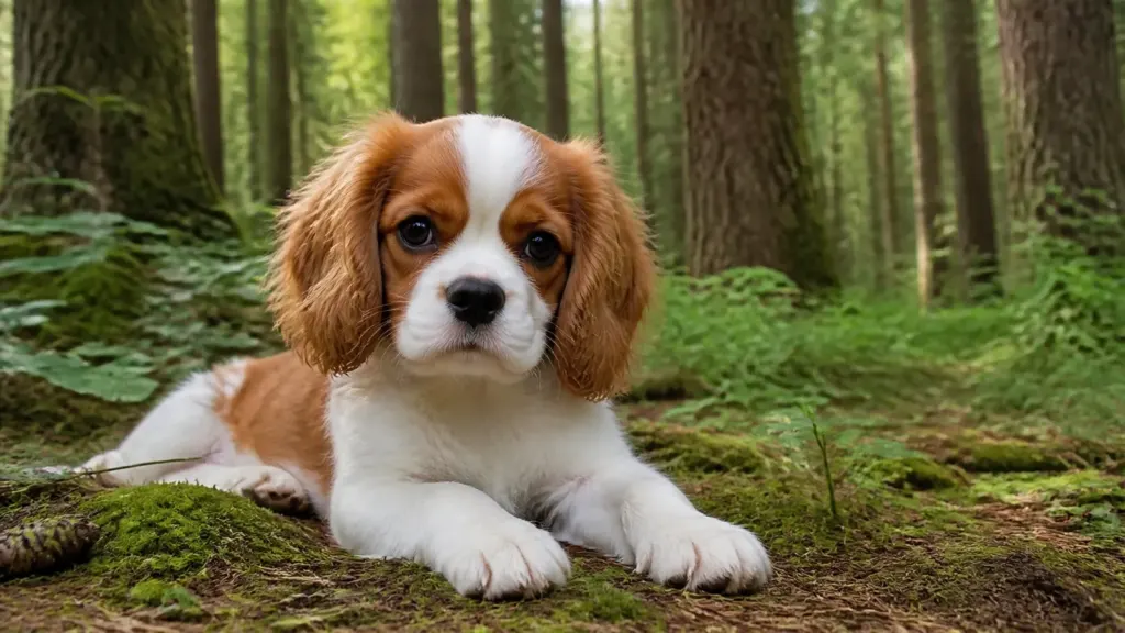 A healthy Cavalier King Charles Spaniel puppy resting in a lush green Oregon pine forest near Boring, Oregon