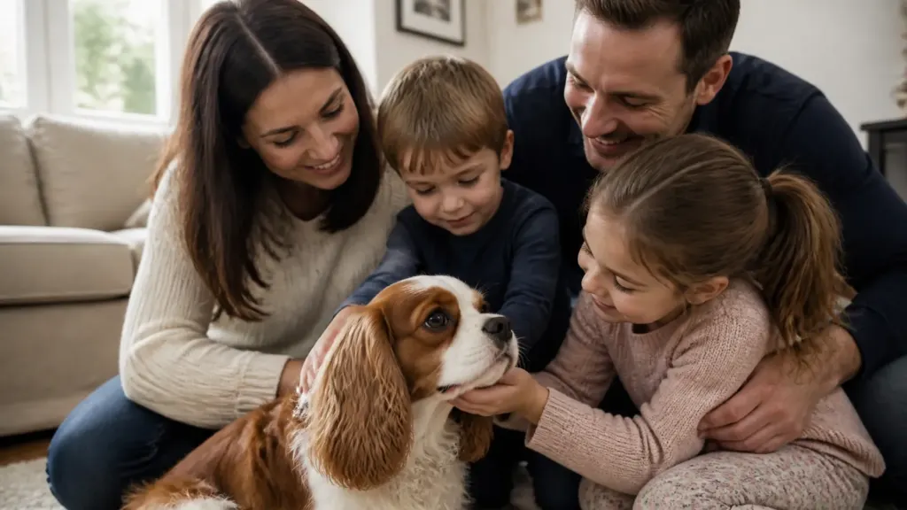A warm, candid photograph of a family interacting lovingly with a gentle Blenheim Cavalier King Charles Spaniel indoors