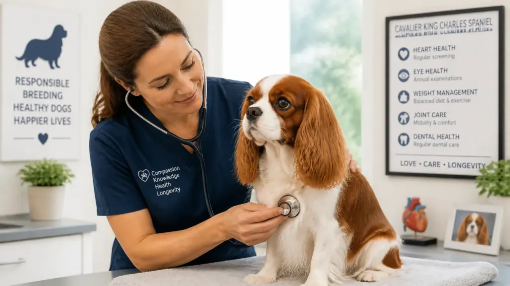 A caring veterinarian performing a gentle health check on a calm adult Cavalier King Charles Spaniel in a bright clinic