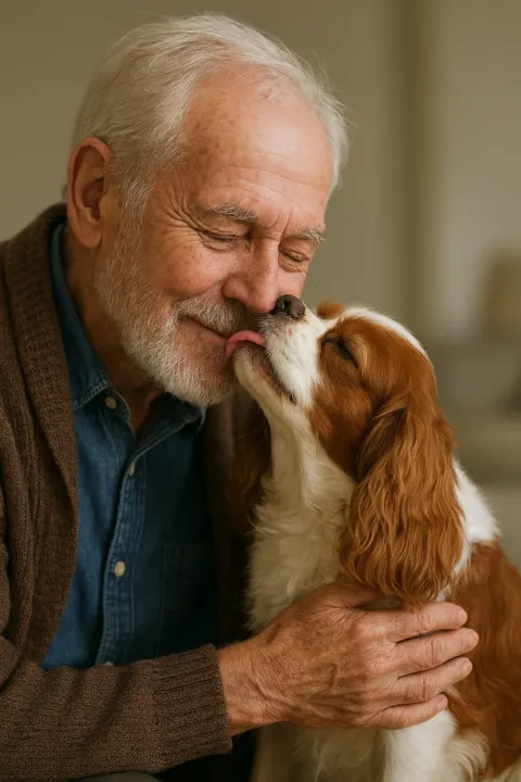 Blenheim Cavalier King Charles Spaniel licking a smiling man's cheek, Green Acres Nextgen