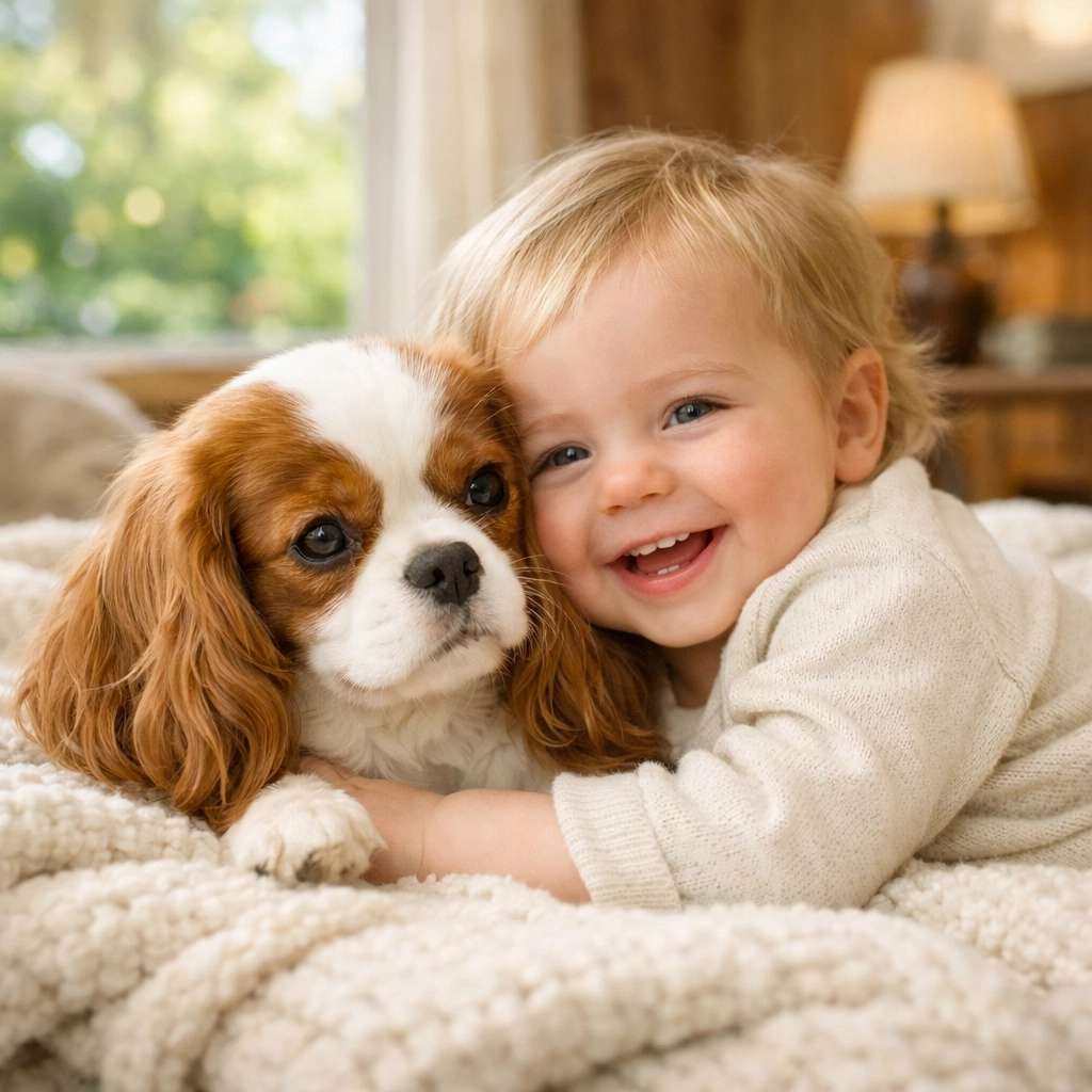 Healthy health-tested Cavalier King Charles Spaniel puppy bonding with a toddler in an Oregon home.
