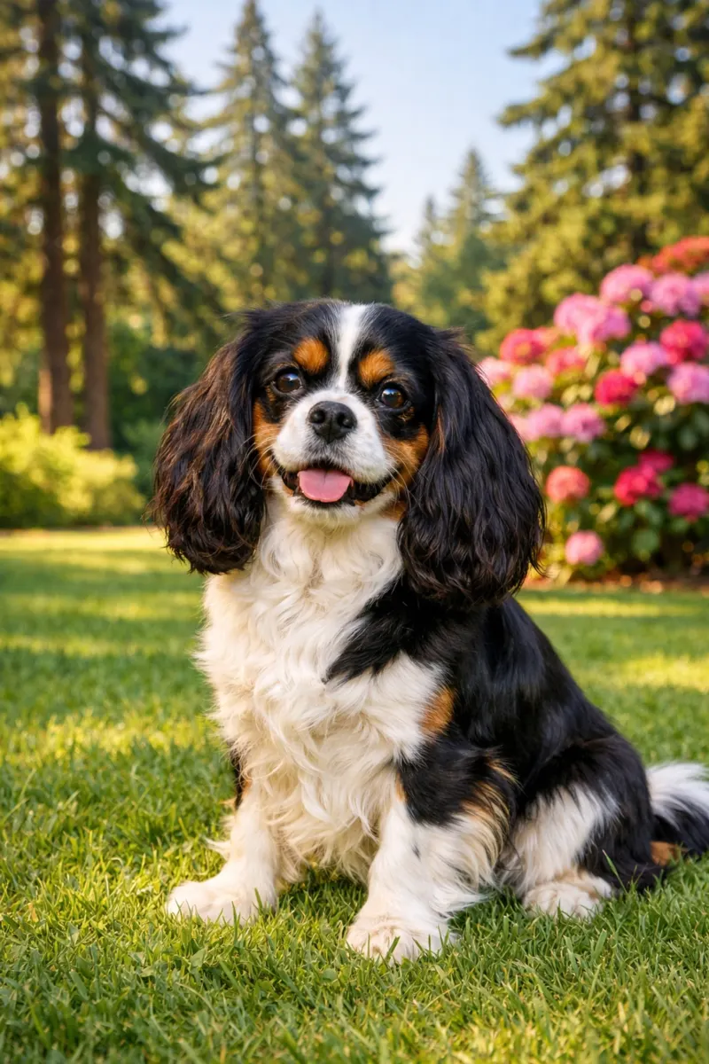 Tri-color Cavalier King Charles Spaniel sitting in a Portland park as a therapy-quality companion.