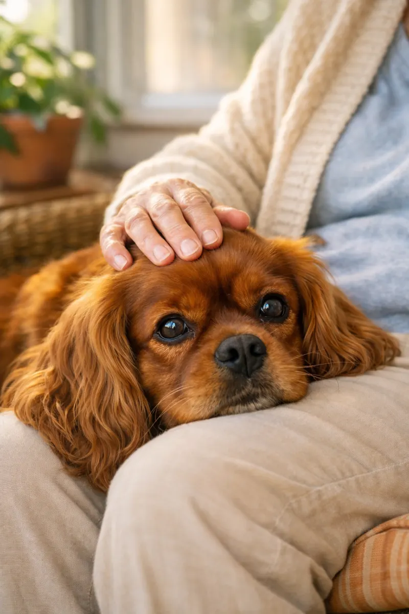 Emotional support Ruby Cavalier King Charles Spaniel providing comfort to a senior in Oregon.