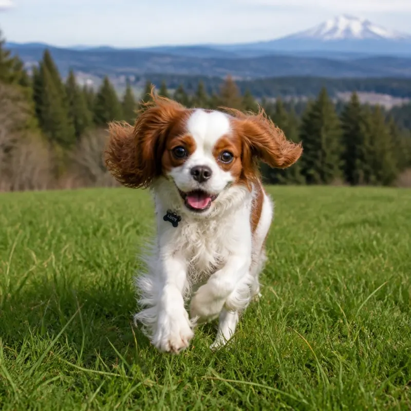 A healthy, active Cavalier enjoying the Oregon landscape.