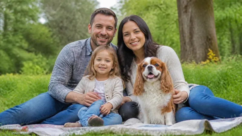 A family enjoying a day out with their cherished companion.