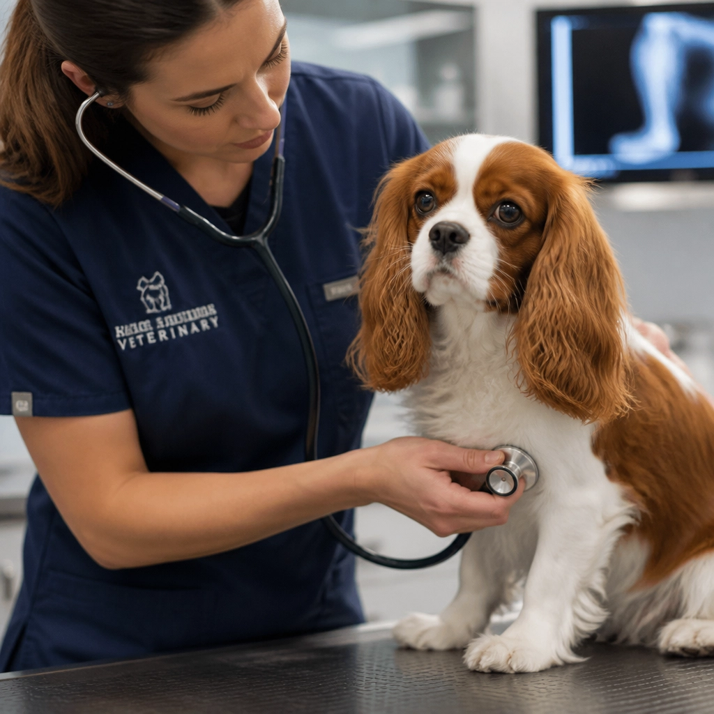 A close-up of a veterinarian examining a calm Cavalier King Charles Spaniel with a stethoscope.