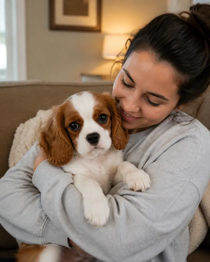 A Blenheim Cavalier puppy being gently held by a smiling person in a cozy, warm living room.