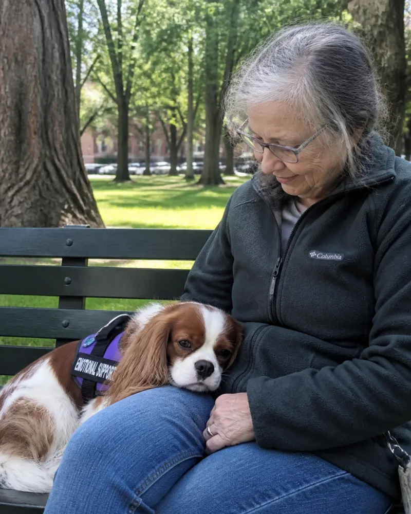 An elderly woman and her Cavalier companion sitting peacefully on a park bench in Portland.