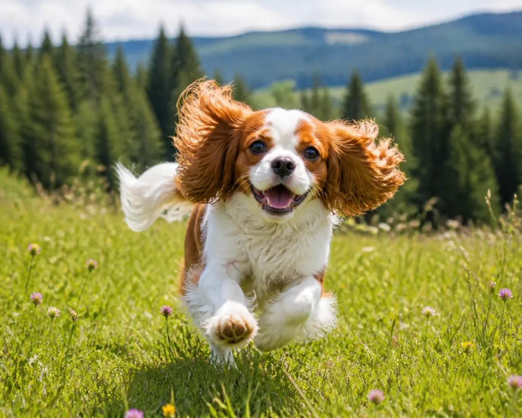 Healthy Blenheim Cavalier King Charles Spaniel running in a sunny meadow in Boring, Oregon.