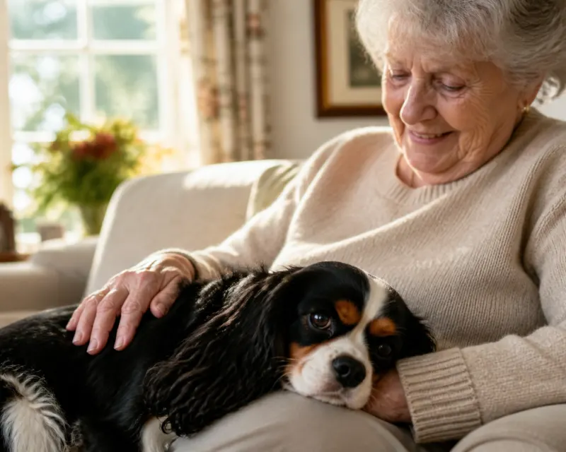 Therapy-quality Cavalier King Charles Spaniel providing comfort to an elderly woman in Oregon.