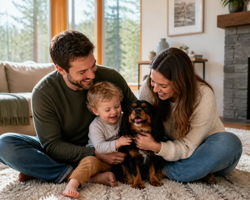 An Oregon family laughing with their new Black and Tan Cavalier King Charles Spaniel companion.